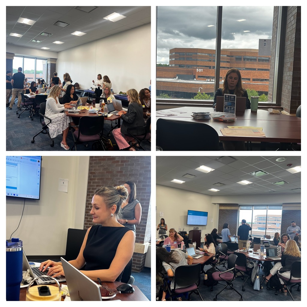 Four images show people in a meeting room. A woman works on a laptop. A woman speaks to people at a round table.