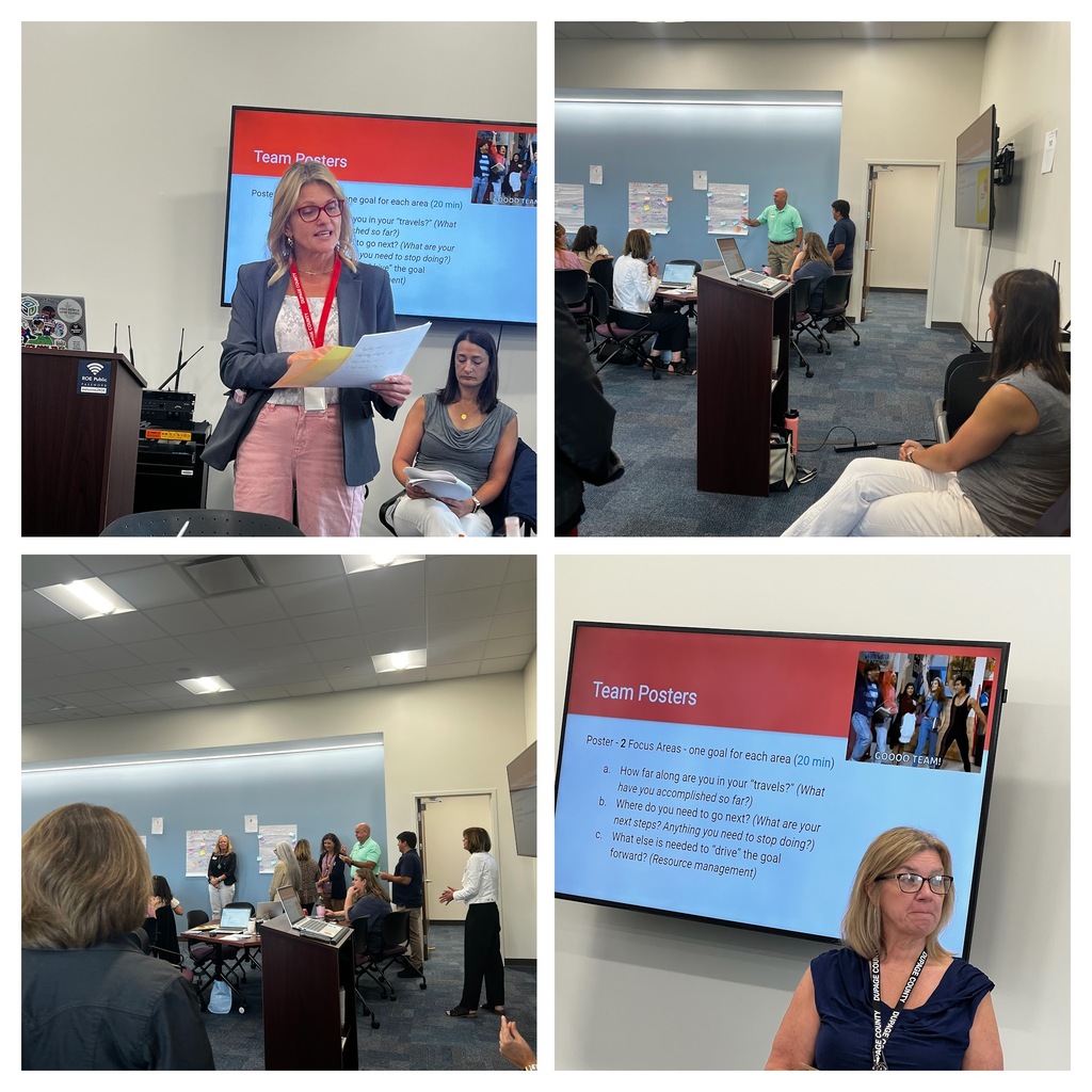 Four images show a woman giving a presentation, another woman sitting, and a group of people working in a room.