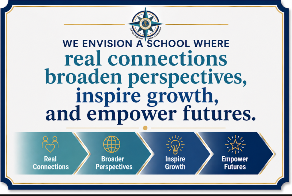 A graphic with a logo and text stating, "We envision a school where real connections broaden perspectives, inspire growth, and empower futures."