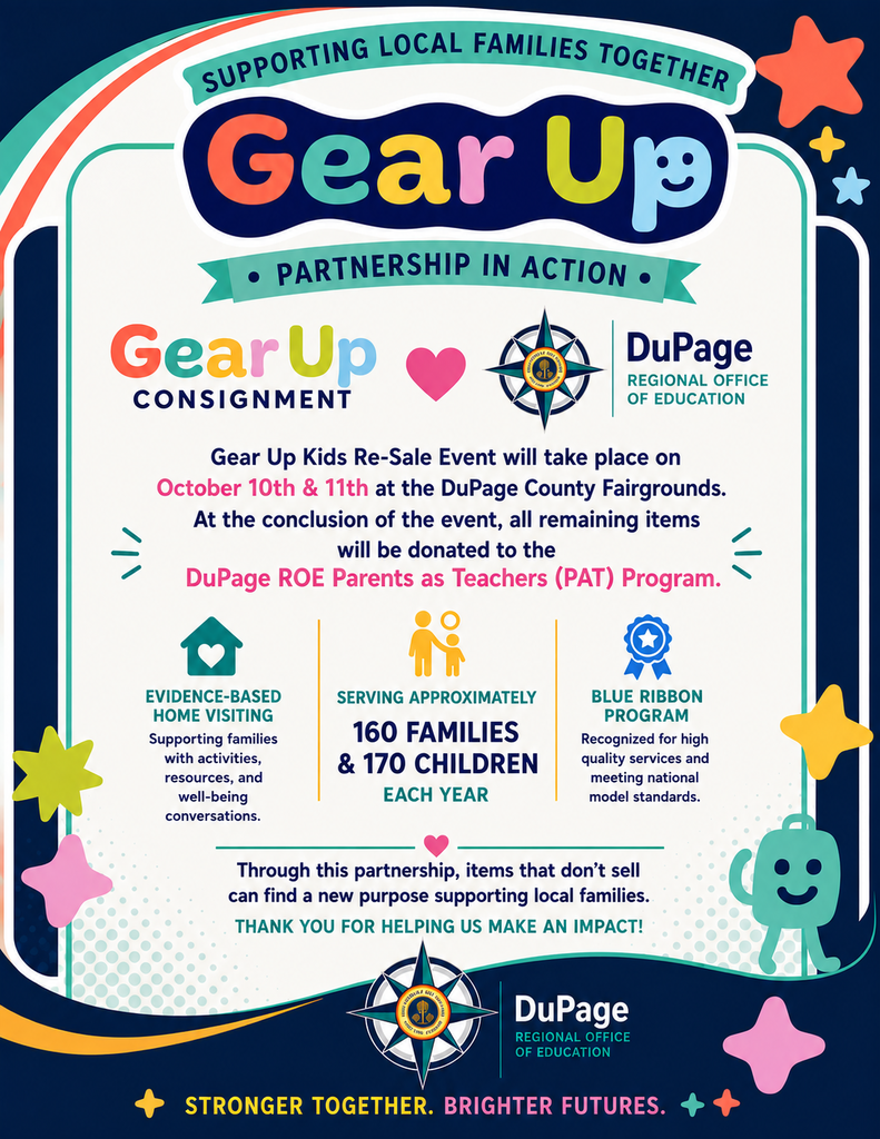 A colorful poster with icons and text about the Gear Up Consignment event, held by DuPage Regional Office of Education.