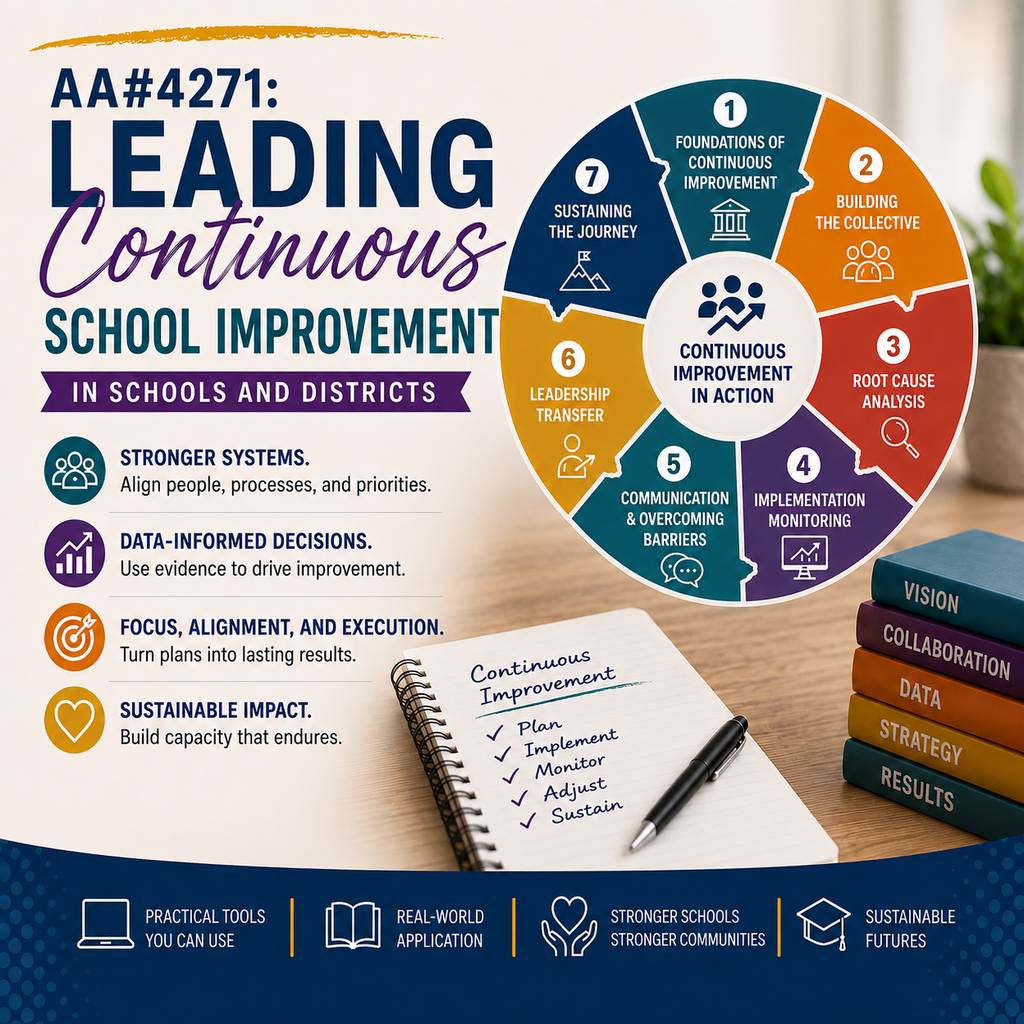 Diagram displaying continuous school improvement model. Sections include leadership transfer, communications, and monitoring. Books and notebook with writing.