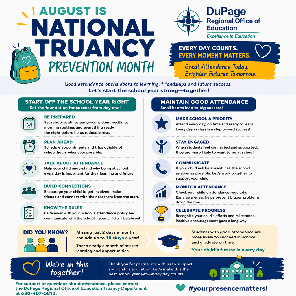 An infographic highlights National Truancy Prevention Month, emphasizing good attendance. It includes tips like being prepared and knowing school rules.