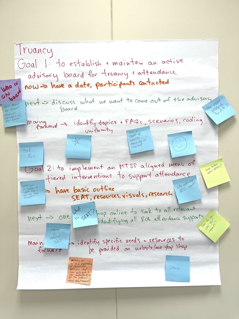 A white poster displays goals and tasks with sticky notes. A heading reads "Truancy". There are two goals. Each has a list of tasks and notes.