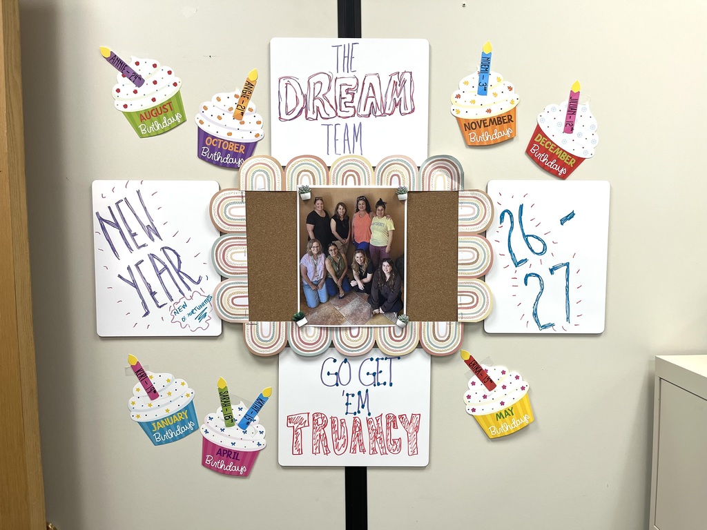 Bulletin board with colorful cupcakes, text, and a photo of people. Text reads "The Dream Team," "New Year," and "Go Get It, I'm Truncky."