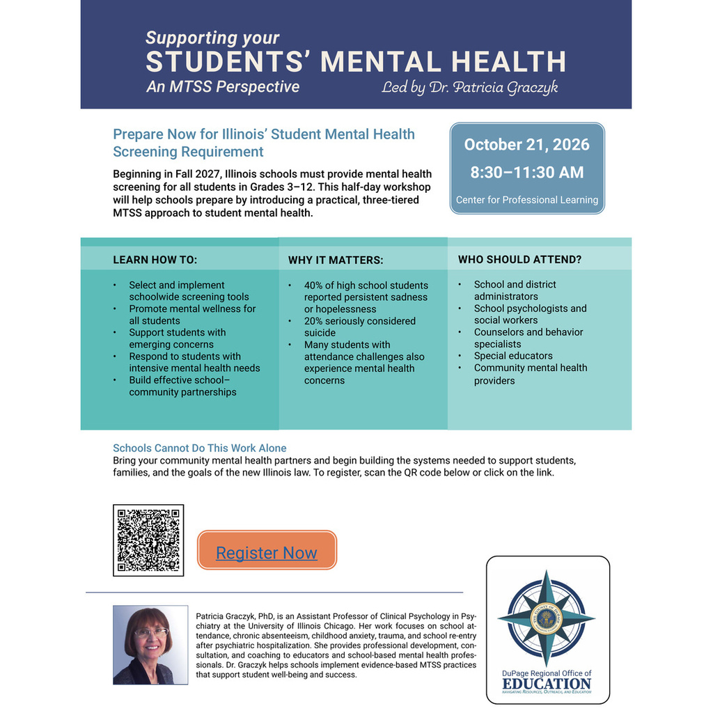 Flyer with a blue and white color scheme. It includes a title, date, time, and registration button.