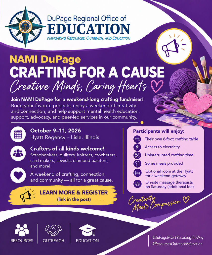 Purple and white flyer for a craft event titled "CRAFTING FOR A CAUSE." Date, location, and activities listed.