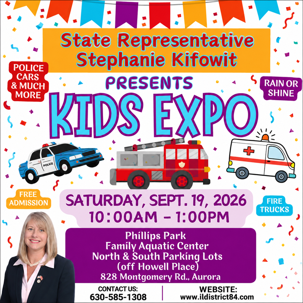 A flyer for a Kids Expo features Stephanie Kifowit, police cars, fire trucks, and an ambulance.
