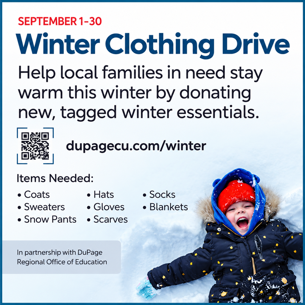 Advertisement for a winter clothing drive, encouraging donations of winter essentials. Child in a winter coat playing in snow.