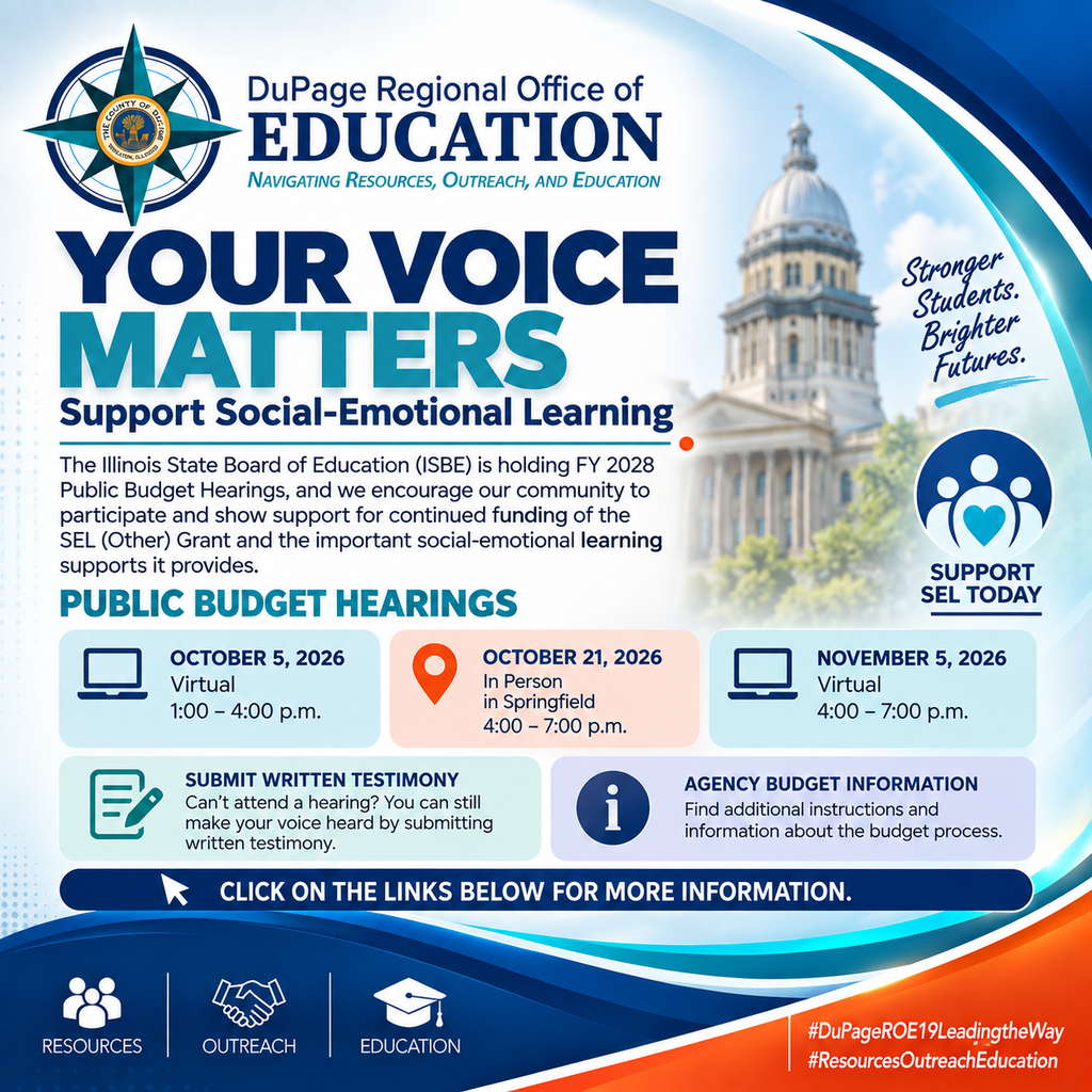 Flyer with a blue and white background. It features details on the DuPage Regional Office of Education's support for social-emotional learning.