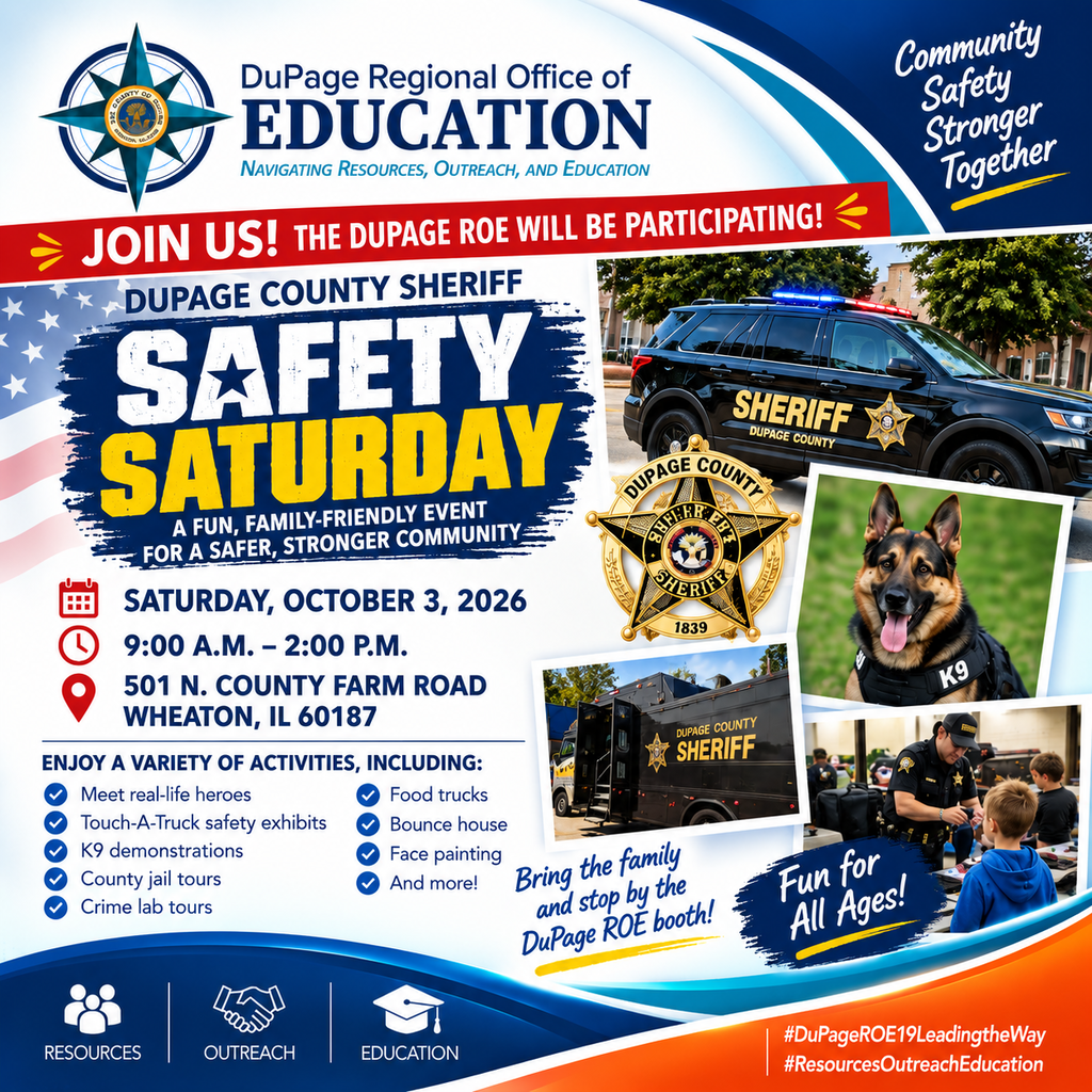 Flyer for Safety Saturday on October 3, 2026, featuring a police car, dog, sheriff, and activities.