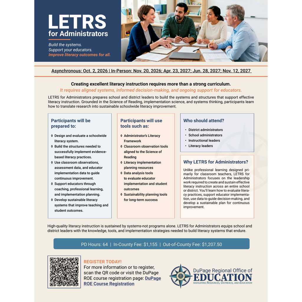 A page shows the title "LETRS for Administrators" with a group of people sitting around a table. Below the title, it says "REGISTER TODAY" and "For more information, visit the EDUC page."