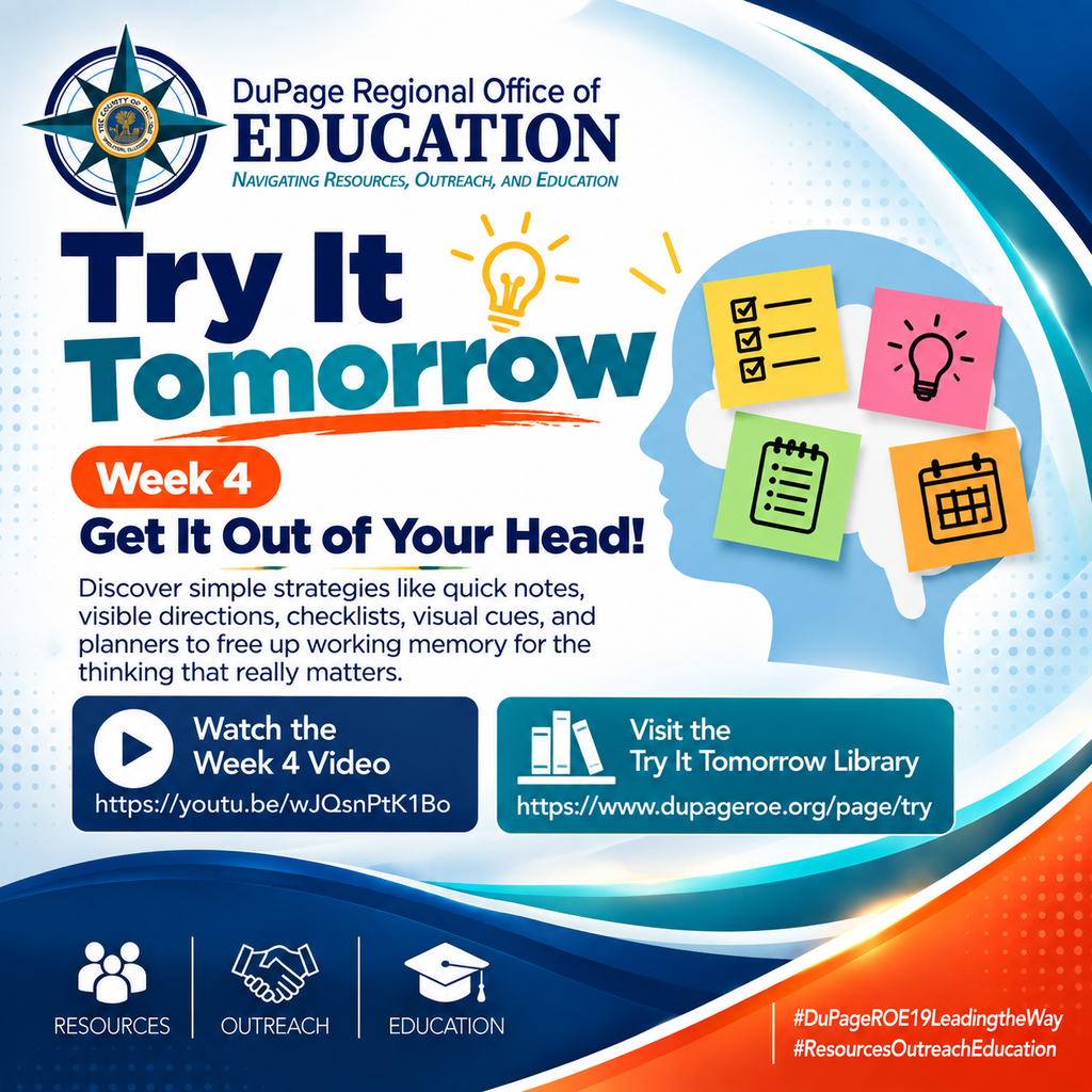 Advertisement with a compass, light bulb, and paper icons. Text: "Try It Tomorrow Week 4 Get It Out of Your Head!"