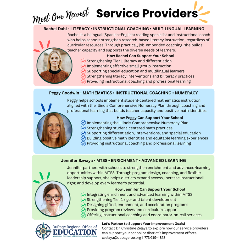 A colorful, organized layout presents three service providers. Each section has a photo, name, and services offered.