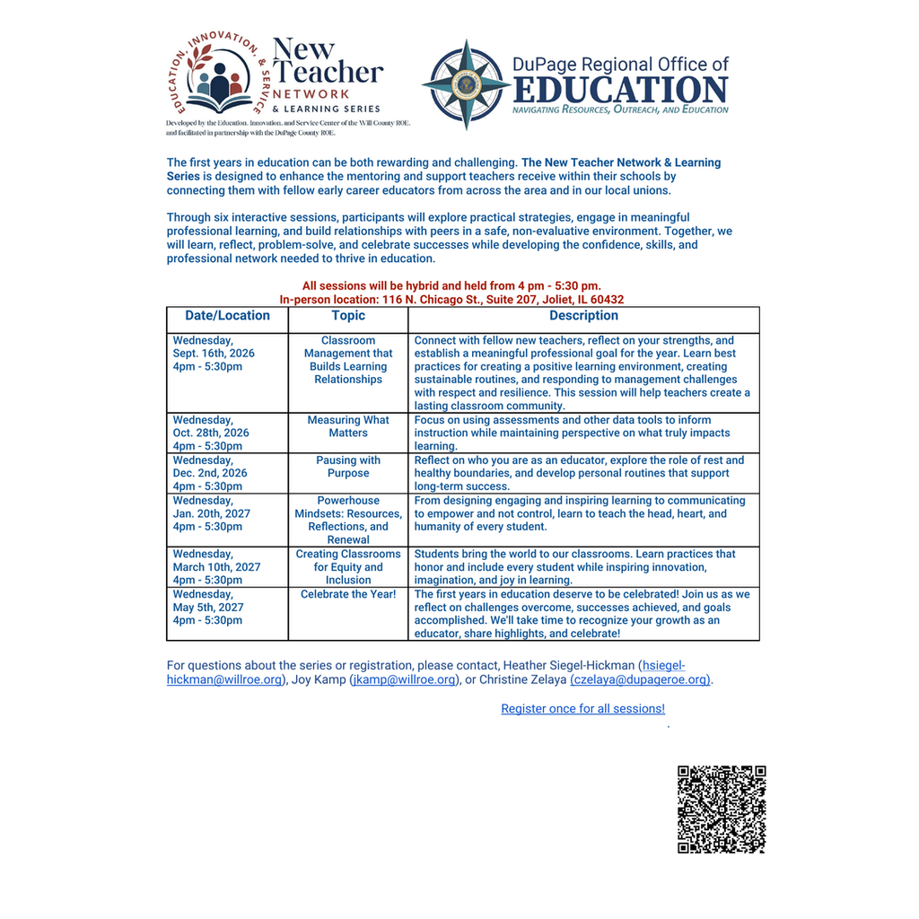 A flyer with a blue background lists events and dates, including a logo for New Teacher Network.
