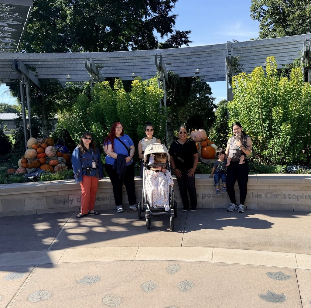 Five people stand in front of an arch, with a woman in a stroller. Behind them, a row of pumpkins sits on a low wall.