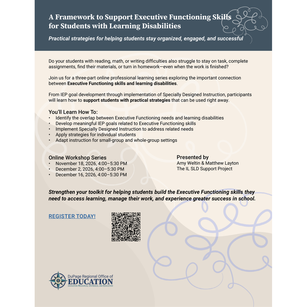 A workshop flyer with blue and white borders features a QR code, a registration prompt, and the date.