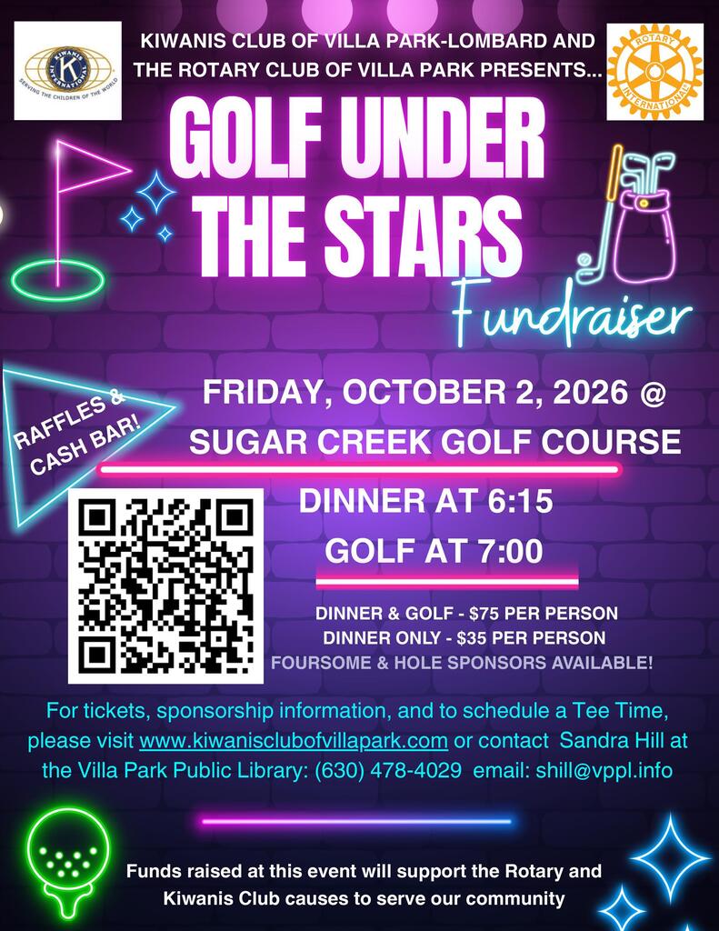 Event poster with neon text and icons, featuring "Golf Under the Stars Fundraiser" details. Includes QR code, Raffles & Cash Bar, and event specifics.