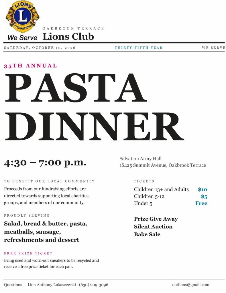 Flyer for a pasta dinner event. It has the date, time, location, ticket prices, menu items, and additional fundraising activities.