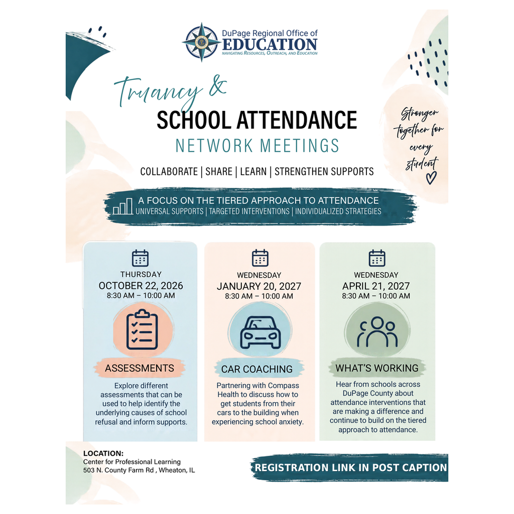 A colorful flyer announces 'School Attendance Network Meetings' with dates and details. Icons depict assessments, car coaching, and community support.