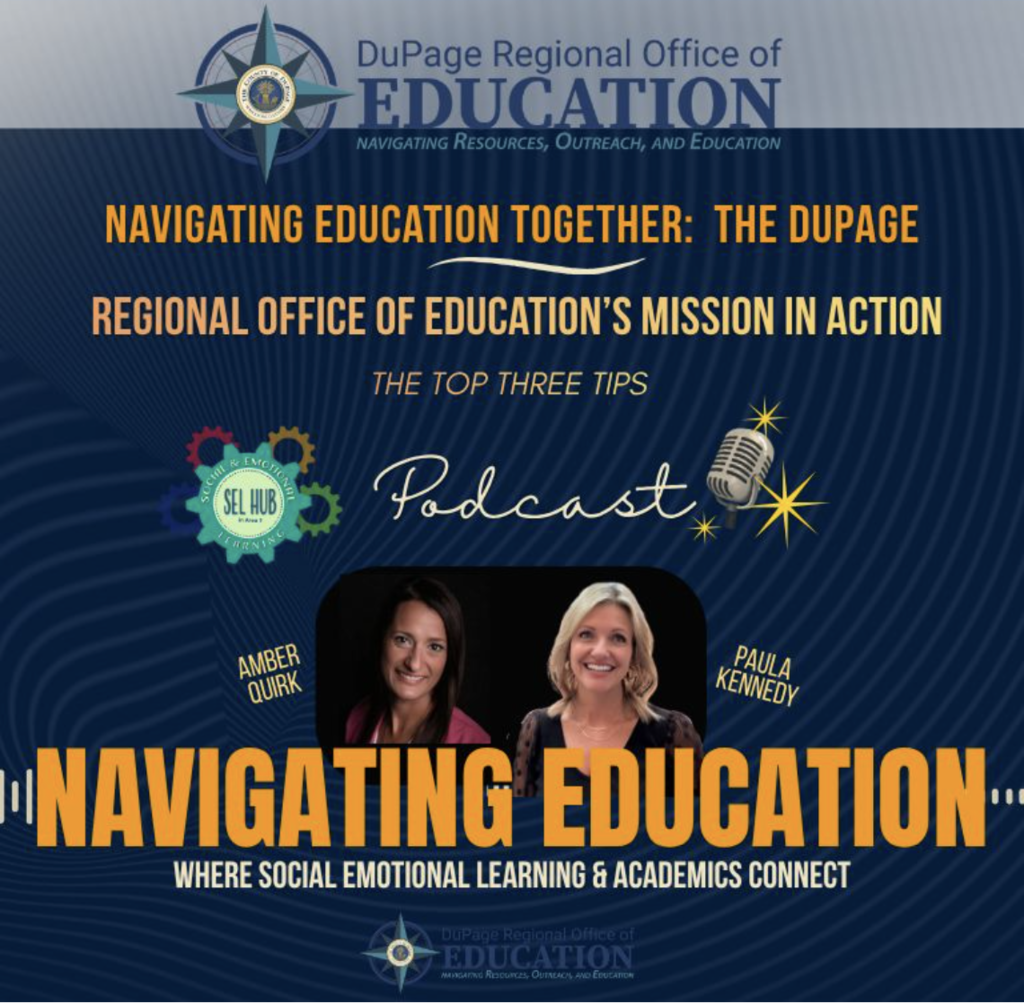 Blue banner with white text and two smiling women, one wearing a pink top, discussing education.