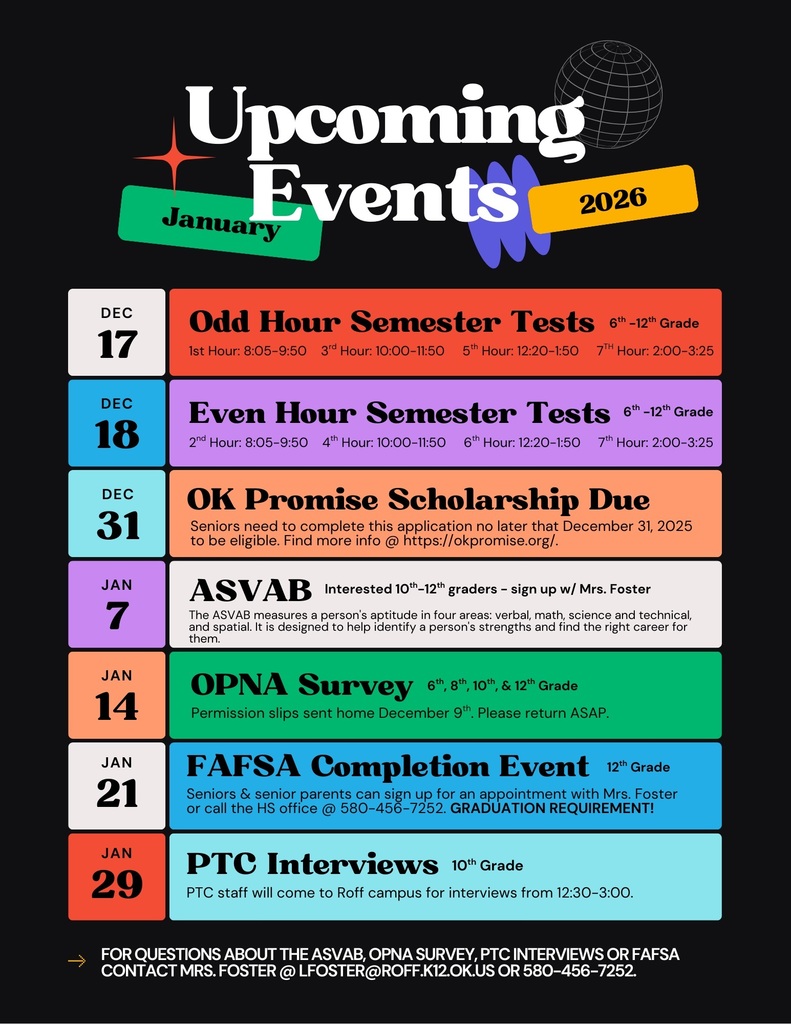 Upcoming events for HS students.  