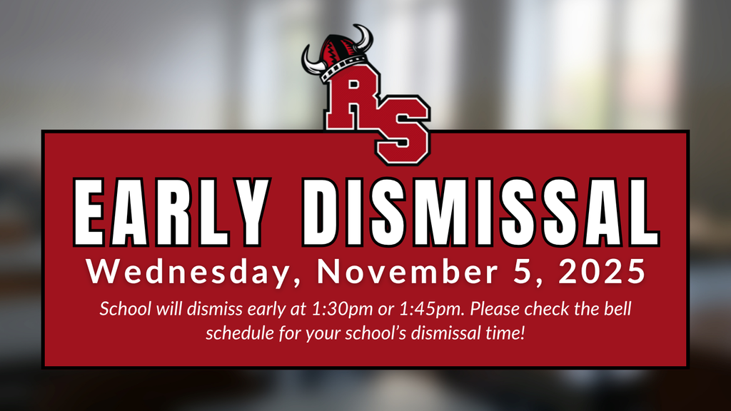Graphic announcing an early dismissal for Roland-Story schools. The text reads: “Early Dismissal — Wednesday, November 5, 2025. School will dismiss early at 1:30pm or 1:45pm. Please check the bell schedule for your school’s dismissal time!” The design features a red background with bold white and black text and the Roland-Story logo centered at the top.