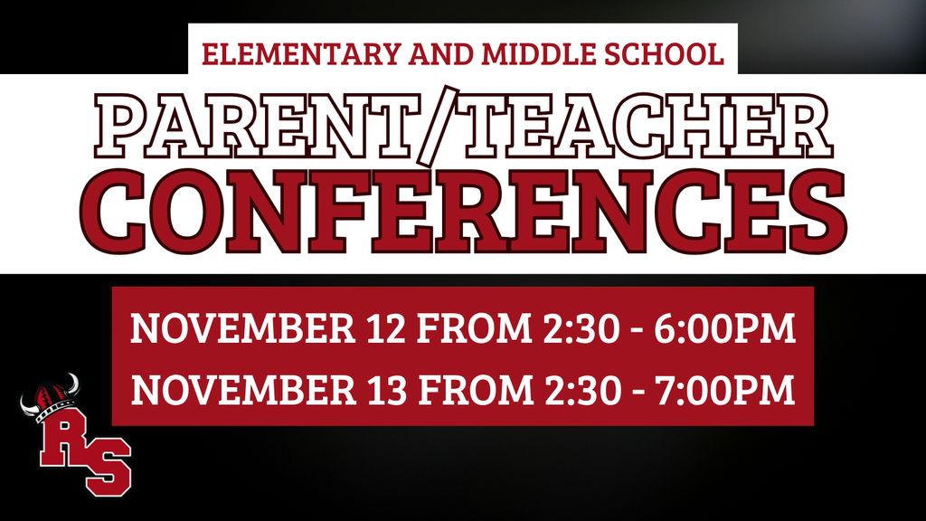 Graphic announcing Elementary and Middle School Parent/Teacher Conferences for Roland-Story. The text reads: “Elementary and Middle School Parent/Teacher Conferences — November 12 from 2:30–6:00PM, November 13 from 2:30–7:00PM.” The background is black and white with bold red accents and the Roland-Story “RS” logo in the lower left corner.