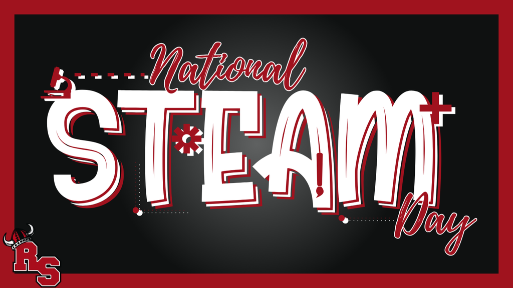 Graphic celebrating National STEAM Day. The design features the large word “STEAM” in bold white and red 3D-style letters on a black background, with small science- and math-themed icons like a microscope, gear, and plus sign integrated into the letters. Above and below the main text are the words “National” and “Day” in a red script font. The Roland-Story logo appears in the lower left corner.