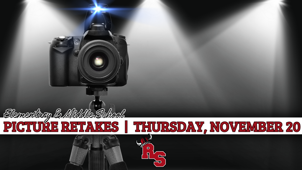 A professional camera on a tripod is centered under bright spotlights. Text reads, “Elementary & Middle School Picture Retakes | Thursday, November 20.” The Roland-Story Schools logo appears at the bottom.
