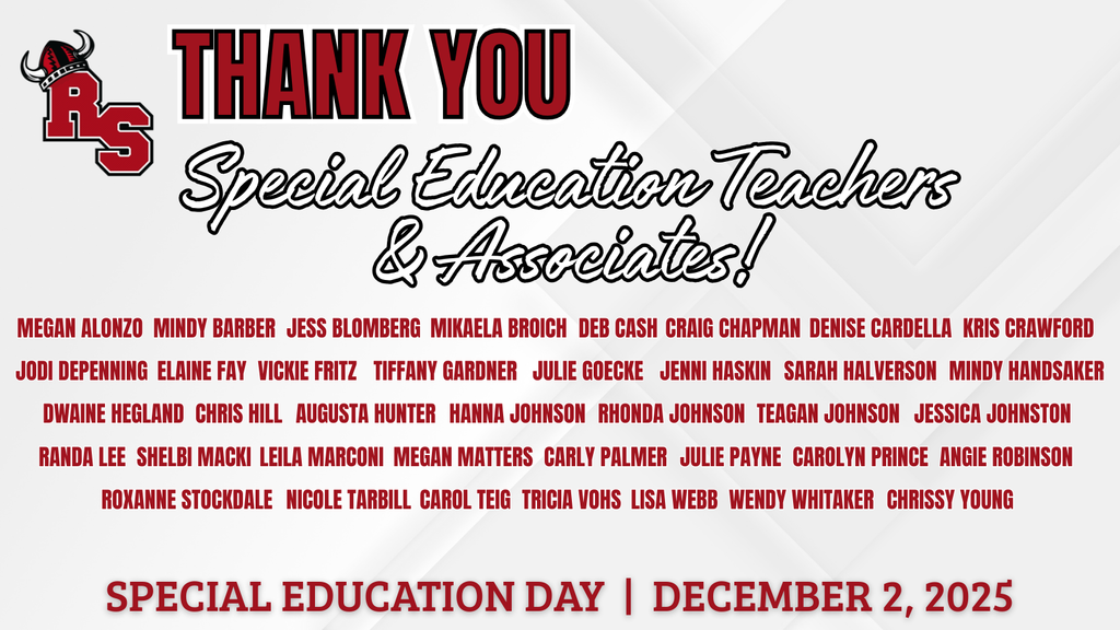 Graphic with the Roland-Story ‘RS’ logo and the message ‘Thank You Special Education Teachers & Associates!’ followed by a long list of staff names in red text. The bottom of the graphic reads ‘Special Education Day | December 2, 2025.’ The background is white with a subtle geometric pattern.
