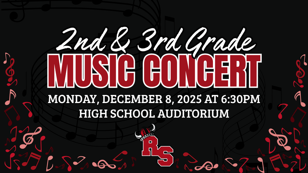 A graphic announcing the 2nd and 3rd Grade Music Concert on Monday, December 8, 2025, at 6:30 p.m. in the high school auditorium. The design features musical notes on a black background with the Roland-Story school logo at the bottom.