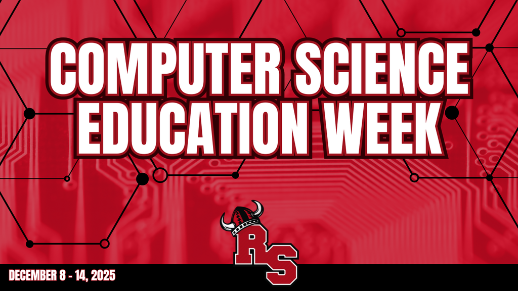 A red graphic announcing “Computer Science Education Week,” with circuit board patterns and connecting nodes in the background. The Roland-Story “RS” logo is at the bottom, along with the dates December 8–14, 2025.