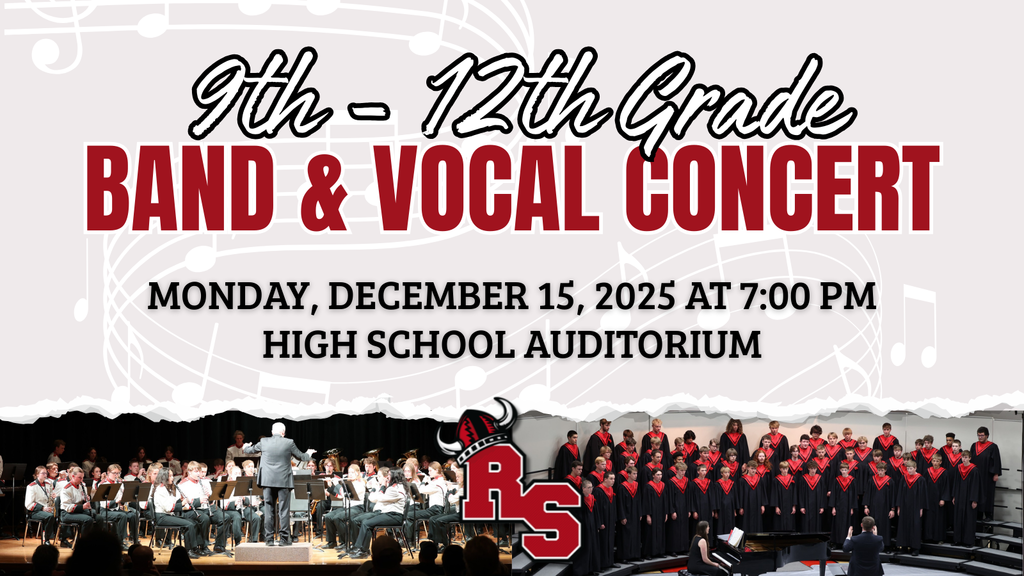 Graphic for the 9th–12th Grade Band & Vocal Concert on Monday, December 15, 2025, at 7:00 PM in the high school auditorium. Includes images of a concert band and choir performing, with the Roland-Story “RS” logo at the bottom. Background features musical notes and a torn paper effect.