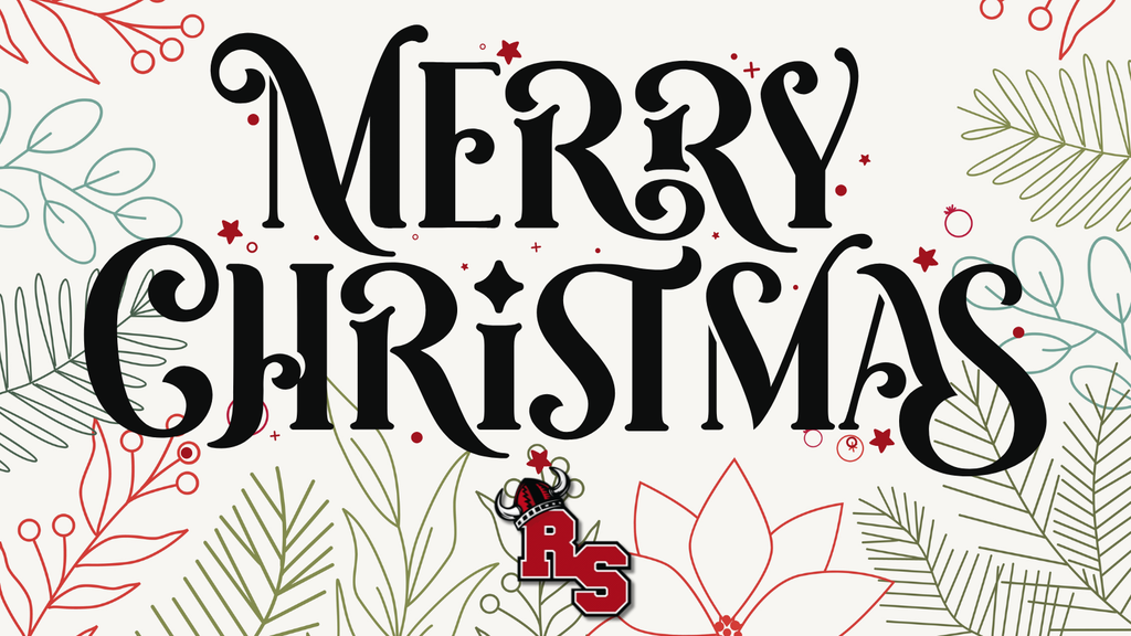 Festive graphic with decorative leaves and the message “Merry Christmas” in bold black script, featuring the RS school logo at the bottom