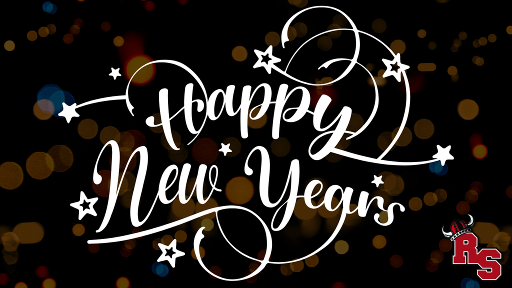 Festive “Happy New Year” graphic in white script with stars and swirls on a dark background of blurred lights, featuring the RS school logo.