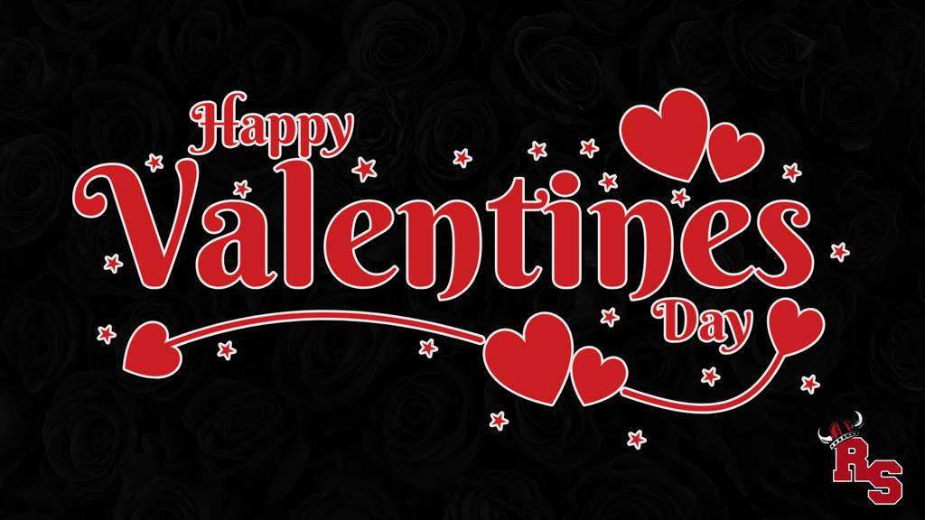 Happy Valentine's Day message with red hearts, stars, and RS logo on a black rose background.