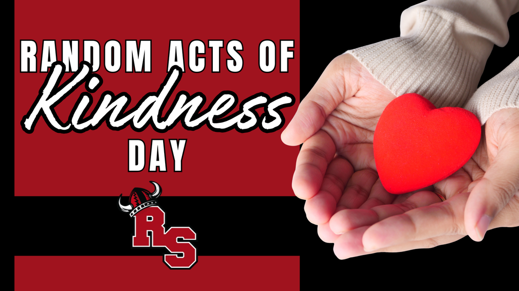 Hands gently hold a red heart next to text that reads "Random Acts of Kindness Day" with the Roland-Story school logo.