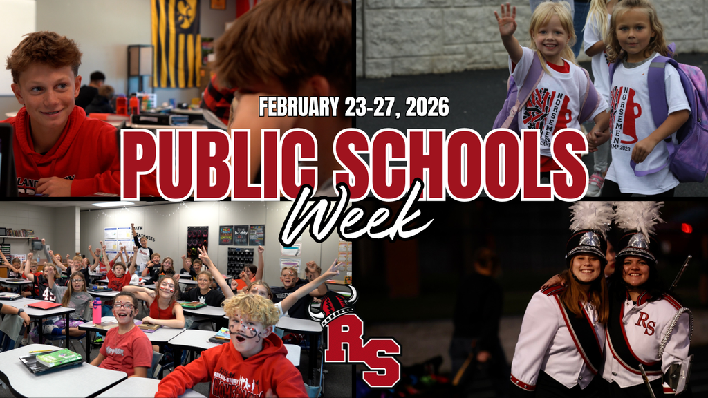 Collage reads “Public Schools Week, February 23–27, 2026,” featuring students learning, cheering in class, and band members in uniform smiling.
