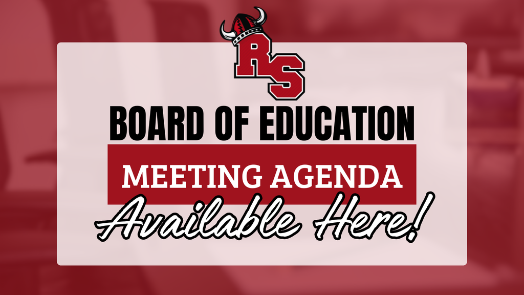 Board of Education Meeting Agenda announcement with red and white design and bold text reading “Available Here!”