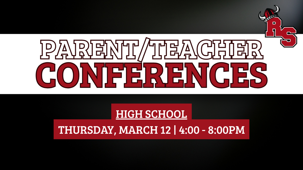 Parent/Teacher Conferences announcement with red and black design for high school on Thursday, March 12 from 4:00–8:00 PM.