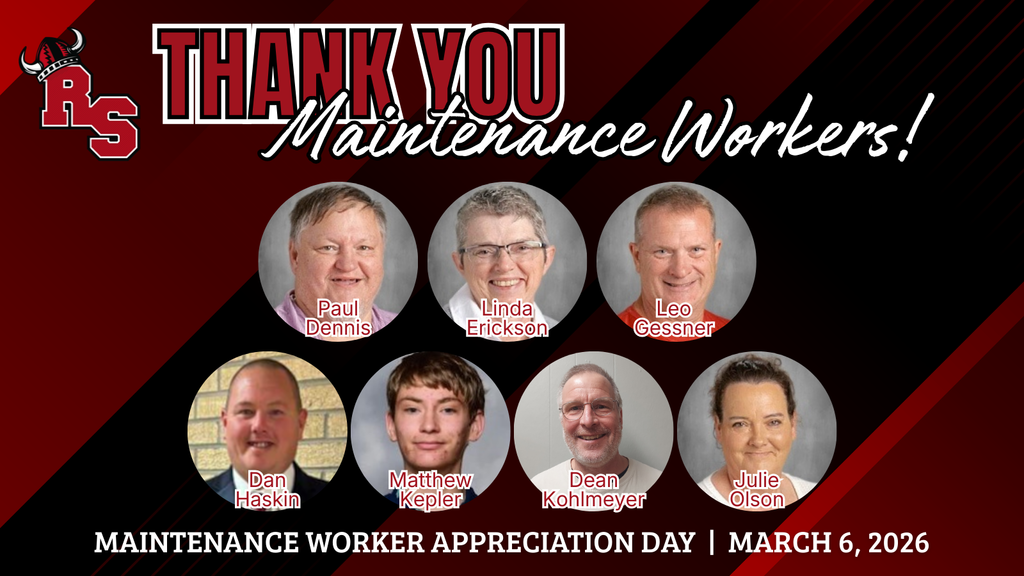 Maintenance Worker Appreciation Day design with red and black background, staff portraits, and names thanking maintenance workers on March 6, 2026.