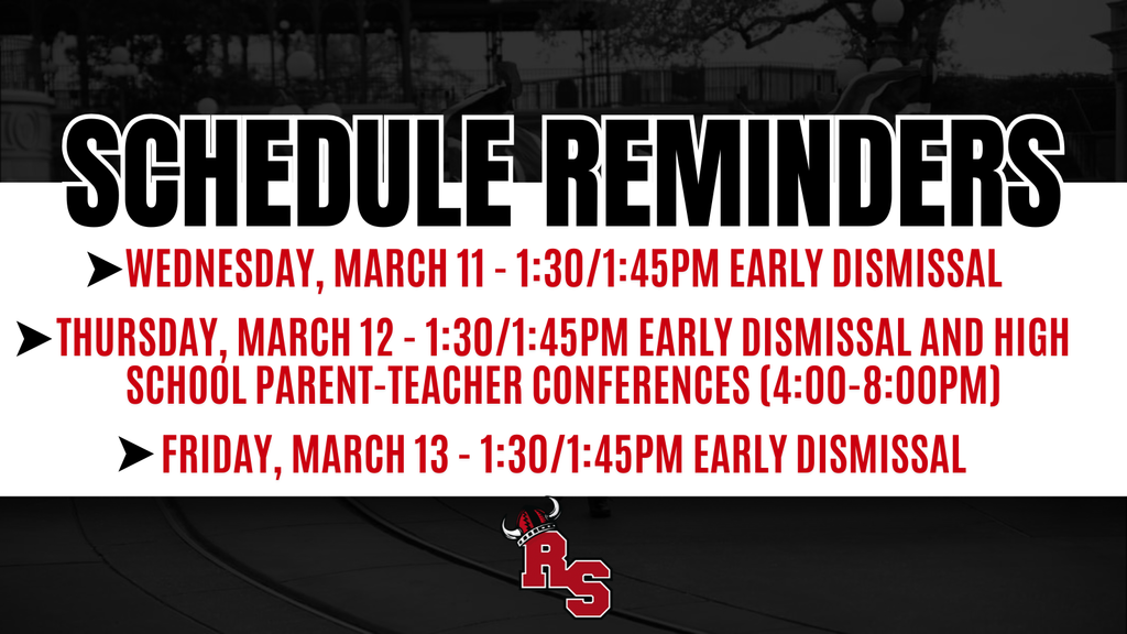 Schedule reminders listing early dismissals on March 11, 12, and 13, plus high school parent-teacher conferences March 12 from 4–8 PM.