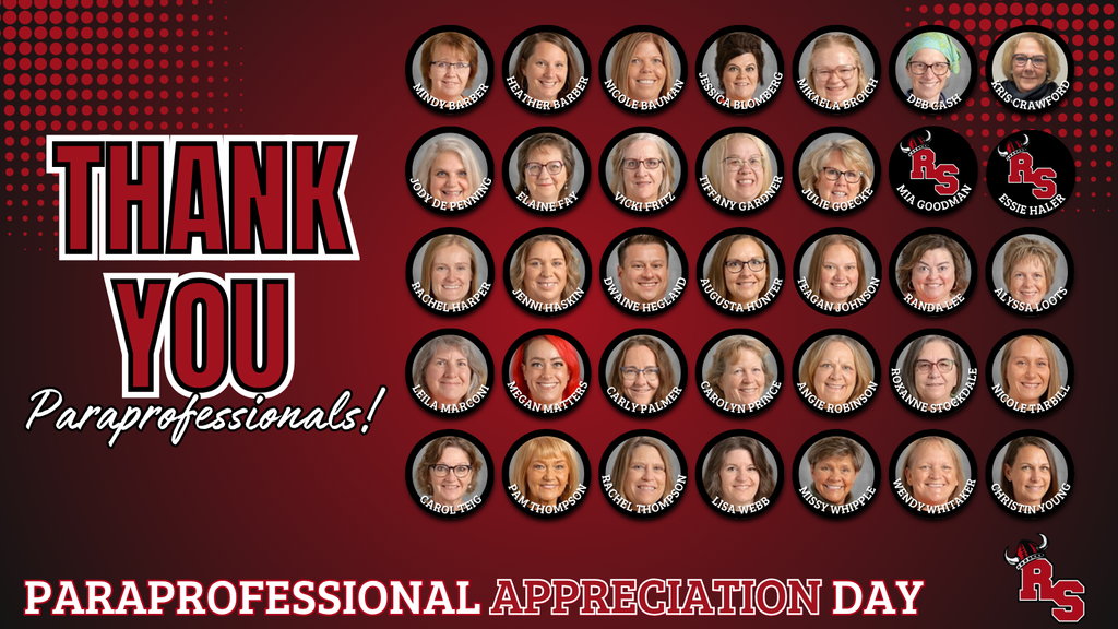 “Thank You Paraprofessionals” with many staff headshots displayed, recognizing individuals for Paraprofessional Appreciation Day.