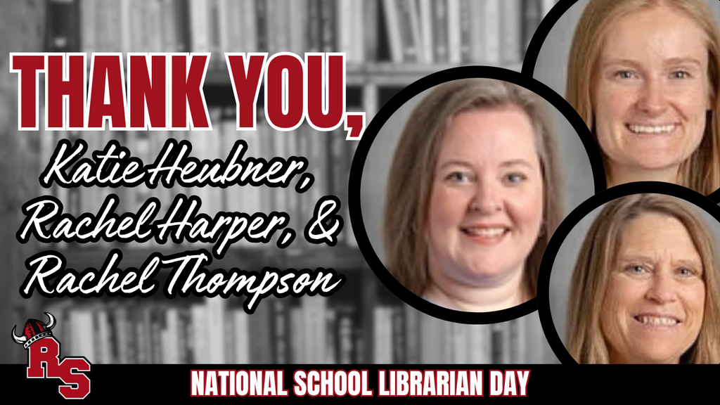 Thank you message for National School Librarian Day featuring portraits of three librarians: Katie Heubner, Rachel Harper, and Rachel Thompson.