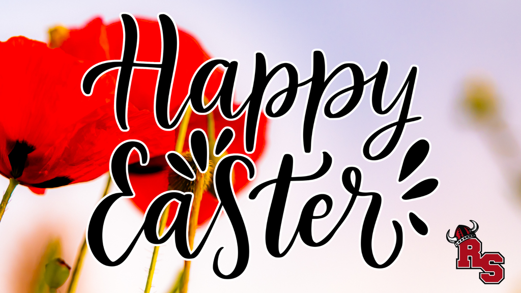 “Happy Easter” text over a close-up of a bright red flower, with a small RS logo in the corner.