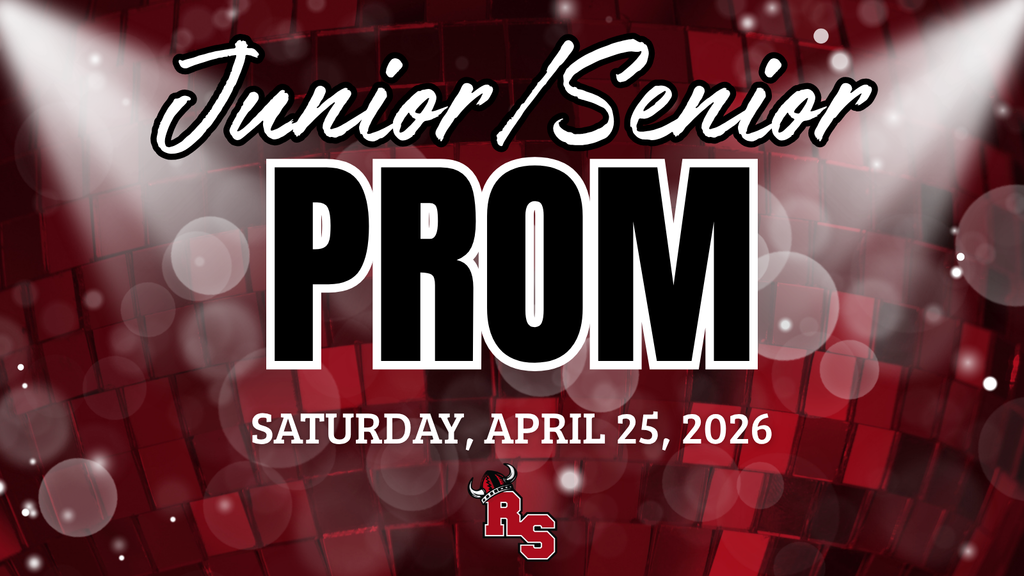 “Junior/Senior Prom” with date Saturday, April 25, 2026, on a red disco-style background with light effects and school logo.