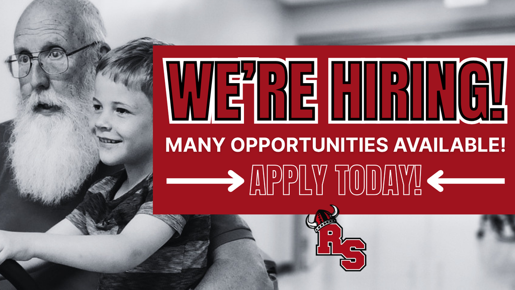 “We’re hiring! Many opportunities available—apply today!” with arrows, school logo, and a black-and-white photo of an older adult with a child.