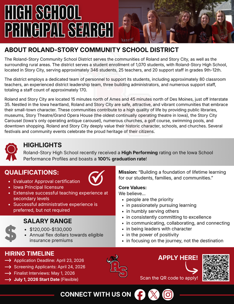 A recruitment flyer for the Roland-Story Community School District's High School Principal position includes role details, salary, and application information.