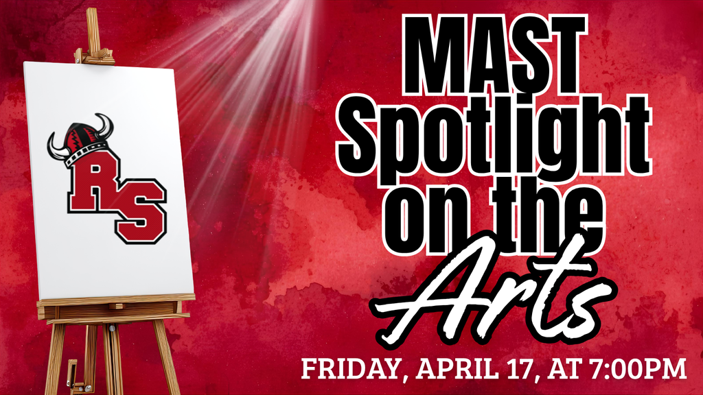 Red background with spotlight effect and an easel displaying an RS logo, with text announcing “MAST Spotlight on the Arts” and event date and time.