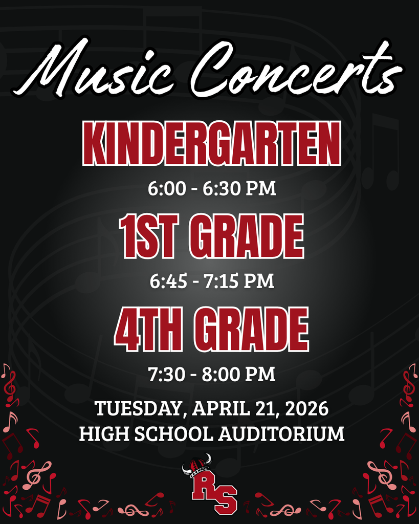 Music concert schedule listing kindergarten (6:00–6:30 PM), 1st grade (6:45–7:15 PM), and 4th grade (7:30–8:00 PM), April 21, 2026 at high school auditorium.
